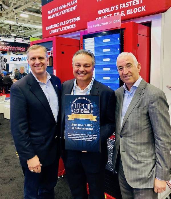 Scott Rinehart, Director of Media Technology for ND Studios (left) receives the award from Tabor Communications Chief Executive Officer Tom Tabor (center) and DataDirect Networks President and Co-founder Paul Bloch (right).