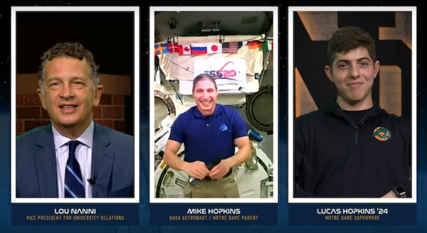 Astronaut Mike Hopkins, Notre Dame Student Lucas Hopkins and Lou Nanni, VP of University Relations